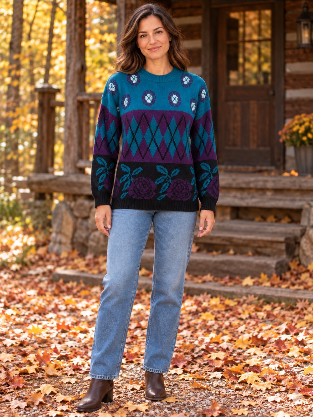 Vintage Cabin Creek Teal Purple Floral Diamond Knit Pullover Sweater
